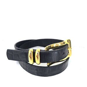 Vintage Doncaster Black Leather Rectangle Gold Buckle Snakeskin Belt  USA